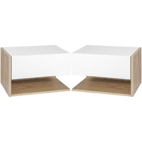 Lot de 2 tables de chevet murales AUDREY blanc et bois (1/5)