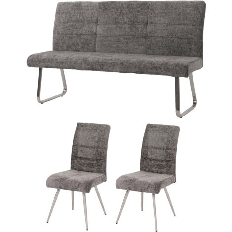 Set de salle à manger HWC-G55, set de 2 chaises + banc 160cm, inox brossé tissu/textile chenille gris foncé (1/5)