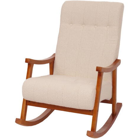 Fauteuil à bascule HWC-K10, fauteuil de relaxation, bois MVG tissu/textile bouclé (450g/m²) crème, structure aspect no (1/5)