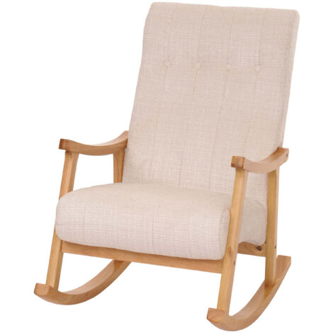 Fauteuil à bascule HWC-K10, fauteuil relax, bois MVG tissu/textile chenille (465g/m²) crème, piètement naturel (1/5)