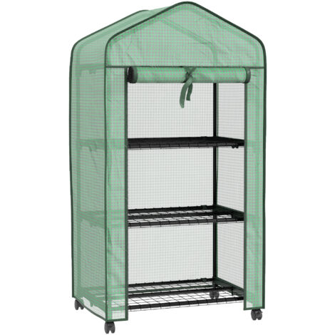 Mini serre de jardin 3 étagères porte enroulable 4 roulettes PE