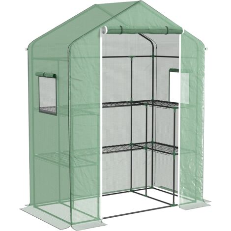 Serre de jardin 6 tablettes porte fenêtres acier PE haute densité vert (1/5)