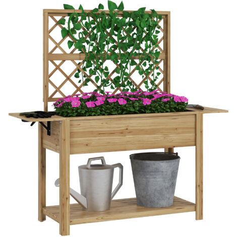 Jardinière rectangulaire sur pied avec treillis - tablettes, étagère - bois sapin autoclave (1/5)