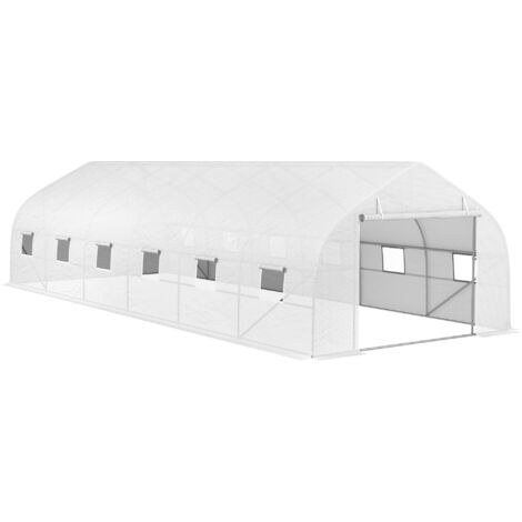 Serre de jardin tunnel 24 m² dim. 8 x 3 x 2 m acier galvanisé Ø 24 mm porte 12 fenêtres blanc (1/5)