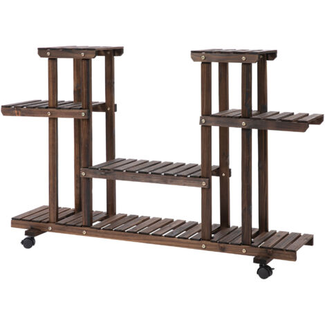 Étagère à fleurs support de plantes 4 niveaux roulettes bois sapin carbonisé (1/4)