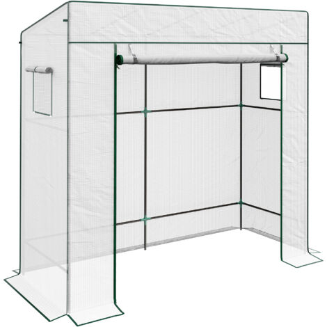 Serre adossée 196L x 77l x 197/178H cm – Bâche PE renforcée – Porte enroulable et 2 fenêtres grillagées pour ventilation – MH