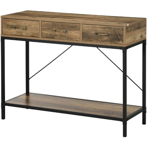 Console industriel 3 tiroirs étagère acier noir aspect bois vieilli (1/5)