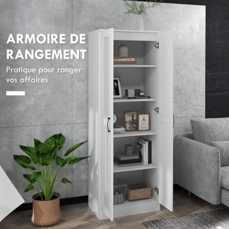 Armoire 2 portes 4 étagères poignées métal noir panneaux blanc