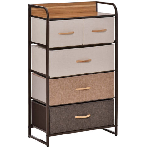 Commode rangement 5 tiroirs tissu CARDIK brun et grise (1/5)