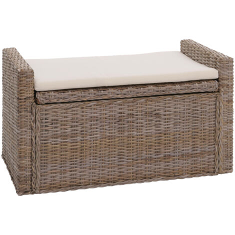 Coffre de rangement M92, coffre Banc de vestiaire, coussin Kubu rotin 88cm gris-brun (1/5)