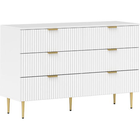 Commode 6 tiroirs design effet cannelé piètement poignées métal doré blanc (1/5)