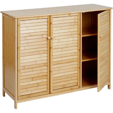 Sideboard HWC-B18 - Armoire Commode Highboard - 3 portes Bambou 81x97x34cm (1/5)
