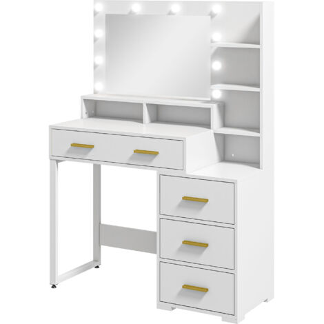 Coiffeuse miroir LED 4 tiroirs CHLOË blanche et or (1/4)