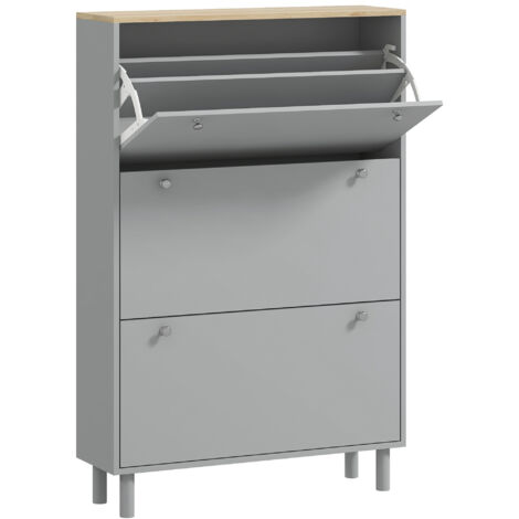 Meuble à chaussures sur pieds 3 portes ESTEBAN aspect chêne gris (1/5)