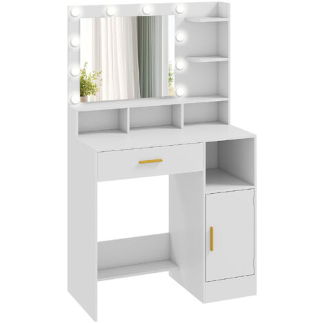 Coiffeuse miroir Hollywood multi-rangement LUNA blanche et or (1/5)