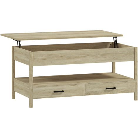 Table basse relevable 2 tiroirs étagère NORA effet bois clair (1/5)