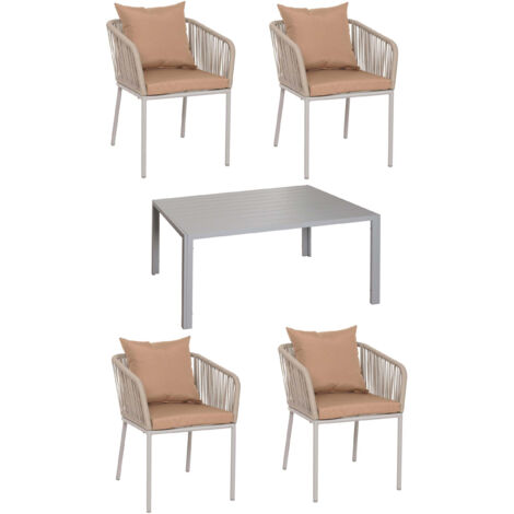Salon de jardin HWC-N41, table+4xchaises, résistant aux intempéries alu 140x80cm, corde tressée Rope - gris clair coussi (1/5)