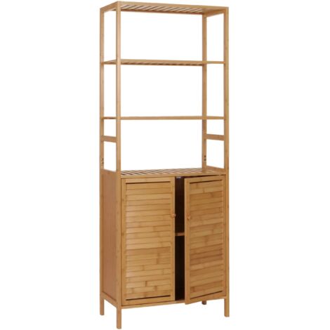 Armoire haute HWC-B18, Armoire de salle de bain Étagère de salle de bain, 2 portes 4 étagères Bambou MDF 168x64x33cm (1/5)