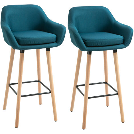 Lot de 2 tabourets de bar bleu canard – Hauteur d'assise 80 cm – Piètement en bois de hêtre – Rembourrage mousse haute densité – MH (1/5)