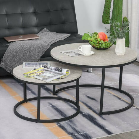 2 Tables Gigognes Rondes Salon - 70 Cm & 50 Cm De Diamètre - Style Industriel, Surface Imperméable - Marron Clair - Assemblage Facile