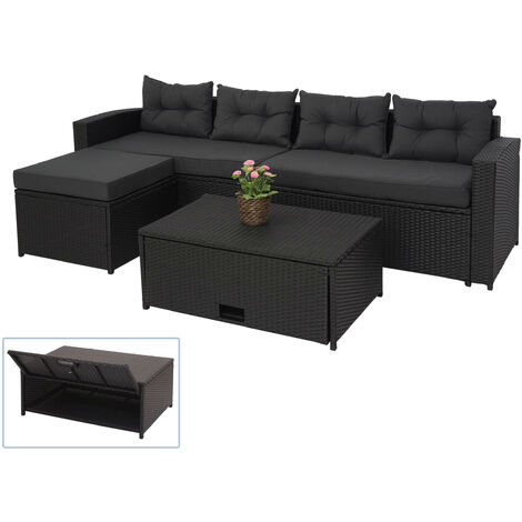 Ensemble poly rotin HWC-J34, ensemble balcon/jardin/salon groupe de sièges sofa, - noir, coussins gris foncé (1/5)
