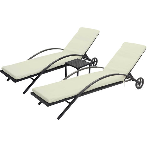 2x Chaises longues HWC-E27 en polyrotin - noir, coussins crème-beige (1/5)