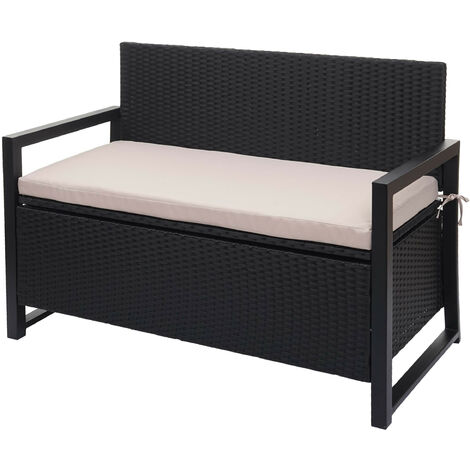 Banc 2 places en polyrotin HWC-F39, banc de jardin banc, compartiment de rangement- anthracite, coussins beige (1/5)