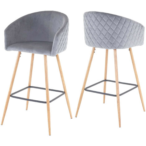2x tabouret de bar HWC-D72, chaise bar/comptoir, avec dossier, tissu - velours, gris (1/5)