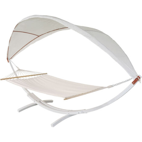 Hamac HWC-J47 jusqu'à 200kg toit solaire cadre en bois - FSC 420cm 2 personnes  blanc, crème-blanc (1/5)