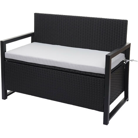 Banc 2 places en polyrotin HWC-F39, banc de jardin banc, compartiment de rangement- anthracite, coussins gris (1/5)