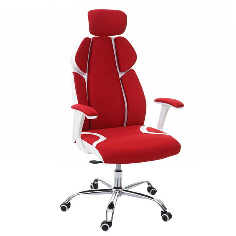 Chaise de bureau HWC-F12, chaise pivotante, tissu + similicuir - rouge/blanc (1/5)