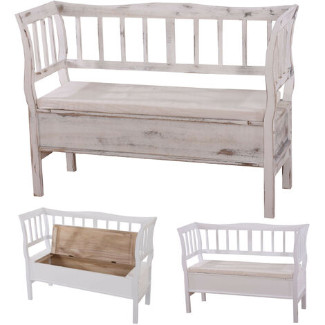 Banc banquette de rangement T207 bahut coffre avec coussin - bois blanc shabby chic (1/5)