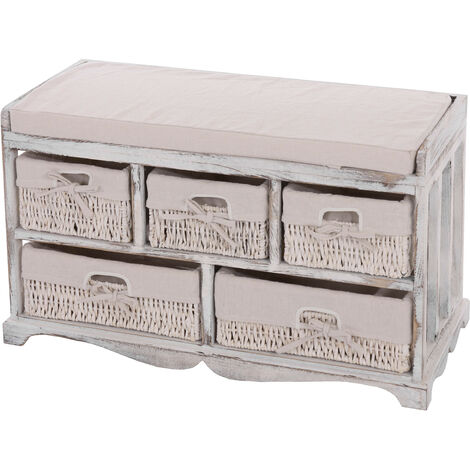 Commode / banc, 5 paniers, 77x36x45cm, shabby, vintage, blanc (1/5)