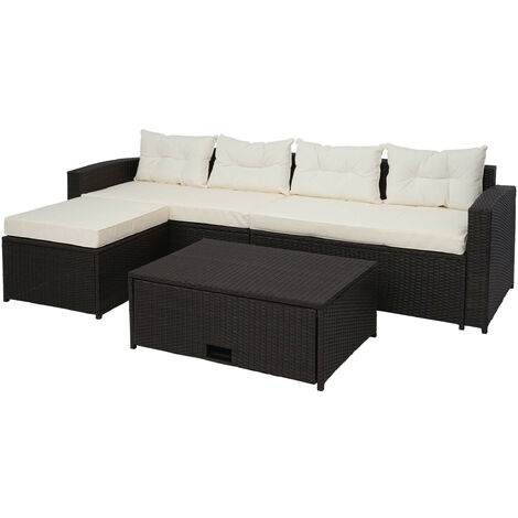 Ensemble poly rotin HWC-J34, ensemble balcon/jardin/salon groupe de sièges, - brun, coussins crème-beige (1/5)