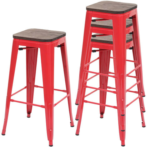 4x Tabouret de bar HWC-A73, avec siège en bois, métal, style industriel  - rouge (1/2)