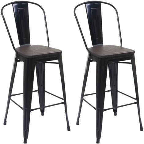 2x tabouret de bar HWC-A73 avec siège en bois, chaise comptoir avec dossier, métal, design industriel - noir (1/5)