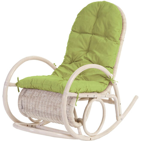 Fauteuil à bascule Esmeraldas, rocking-chair, fauteuil en rotin, blanc - rembourrage vert (1/5)