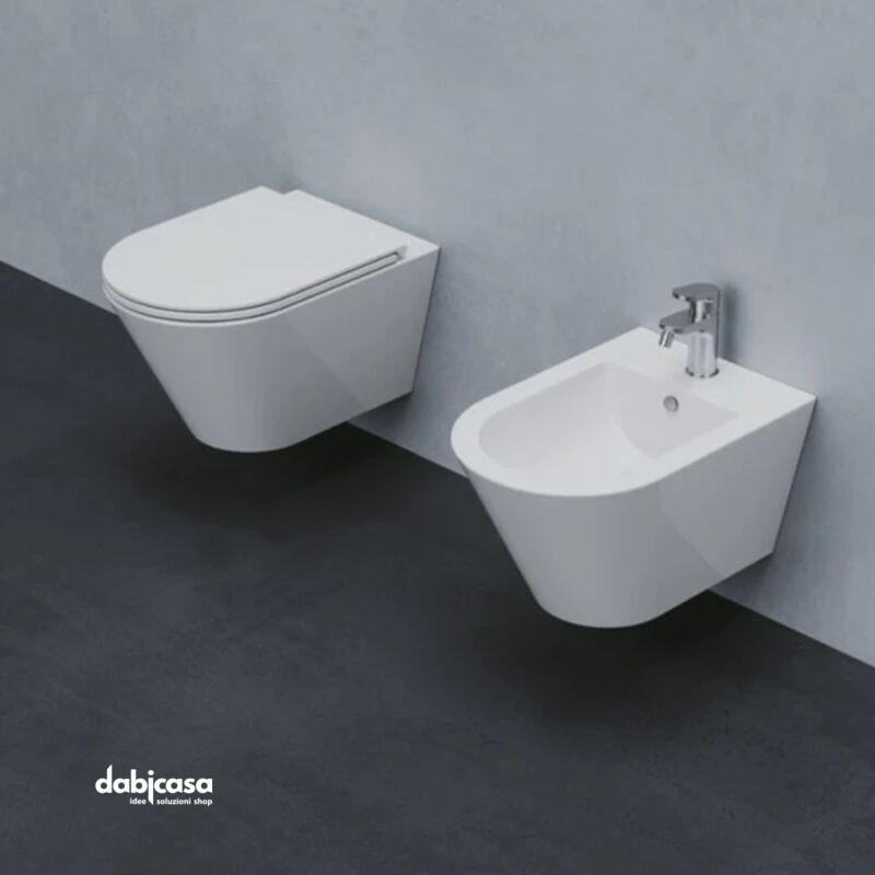 Linea Zeta coppia sanitari vaso rimless e bidet sospesi con sedile