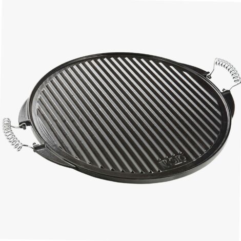 Plancha en fonte émaillée réversible 43 cm – 1 face striée pour viandes – 1 face lisse pour légumes – Poignées inox pour transport facile – Vaello