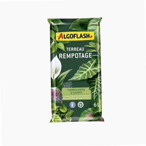 Terreau rempotage 6L – Pour plantes vertes et fleuries – Enrichi en compost et fibre de bois – Homologué NF U 44-551 – Algoflash - ATREM6N