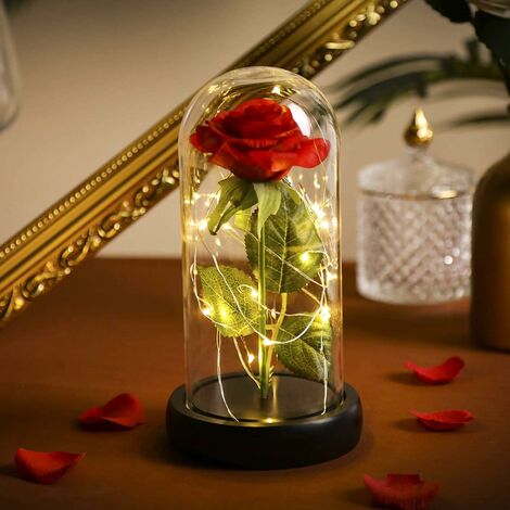 Rose rouge éternelle sous cloche en Verres avec Siècle des Lumières LED