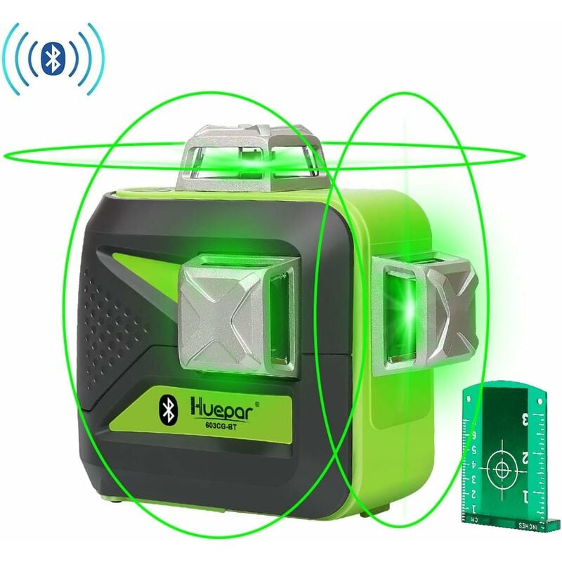 Huepar-Niveau laser croisé à nivellement automatique, 2x360 °, faisceau  vert, contrôle Bluetooth extérieur, trépied récepteur