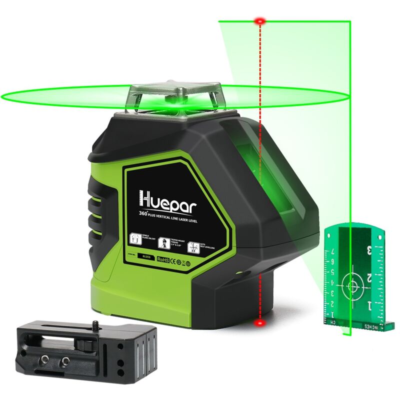 Huepar 3x360 Niveau Laser Vert avec Bluetooth avec Perche Télescopique Laser  de 3,7m, Auto-nivellement