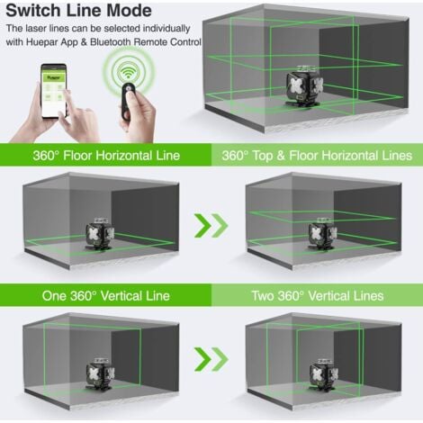 Niveaux Laser, Huepar S04CG Niveau Laser Auto-Nivelant Écran LCD, Bluetooth Faisceau Vert Ligne Croisée Outil Laser Pour Carrelage,Télécommande & Étui de Transport