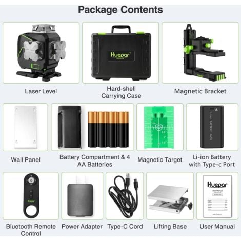 Niveaux Laser, Huepar S04CG Niveau Laser Auto-Nivelant Écran LCD, Bluetooth Faisceau Vert Ligne Croisée Outil Laser Pour Carrelage,Télécommande & Étui de Transport