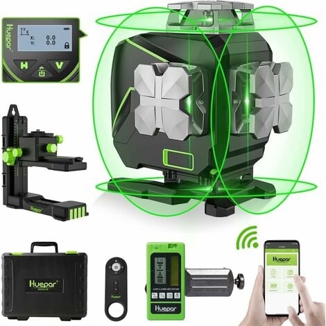 Huepar Niveau Laser Auto-Nivelant Écran LCD, Bluetooth Faisceau Vert Ligne Croisée Outil Pour Carrelage, Horizontale/Verticale à 360°,Télécommande & Étui de Transport (S04CG-5RG)