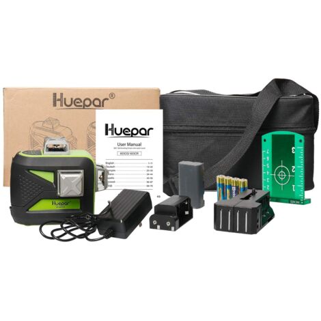 Huepar 603CG 3 x 360 Niveau Laser Croix Vert, Ligne Laser Auto-nivellement avec Mode Pulsé Extérieur, Distance de Travail 25m, (Pile au lithium universelle, Pile AA et Support magnétique Incluse)