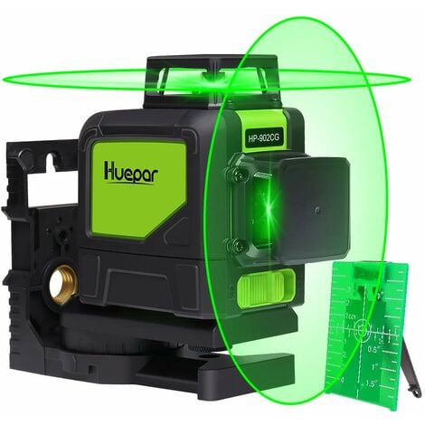 Huepar 902CG 2 x 360 Niveau Laser Croix Vert, Ligne Laser Auto-nivellement Commutable Laser Lignes de 360 degrés avec Mode Pulsé Extérieur, Distance de Travail 25m, Support Magnétique Incluse