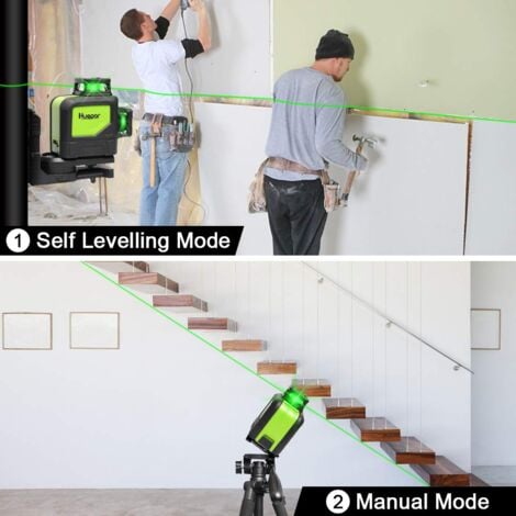 Huepar 902CG 2 x 360 Niveau Laser Croix Vert, Ligne Laser Auto-nivellement Commutable Laser Lignes de 360 degrés avec Mode Pulsé Extérieur, Distance de Travail 25m, Support Magnétique Incluse