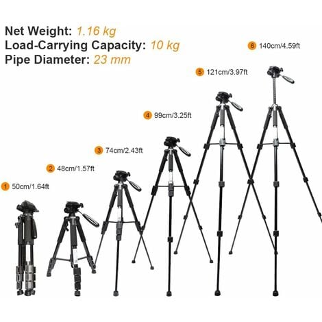 Huepar TPD14 143cm/56" Trépied Réglable Portable pour Niveau Laser, avec Tête Panoramique Flexible 3-voies et Niveau à bulle, Plateau à Dégagement Rapide avec Vis 1/4"-20 et Écrou d'adaptation 5/8"-11